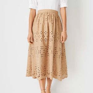 Ann Taylor Eyelet Lace Midi Skirt in Camel NWOT Sz 12P